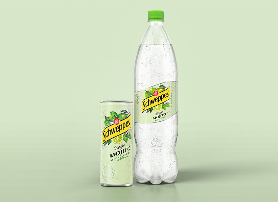 Schweppes Virgin Mojito –  0,33 Liter Dose neben 1,25 Liter Flasche, alkoholfreier Cocktail.