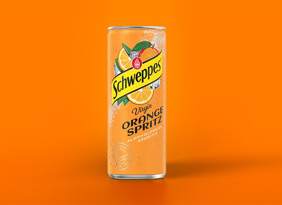 0,33 Liter Dose von Schweppes Virgin Orange Spritz, alkoholfrei.
