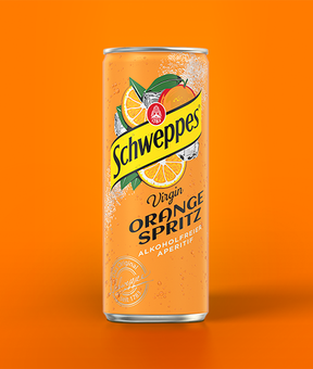 Dose von Schweppes Virgin Orange Spritz, alkoholfreier Aperitif.