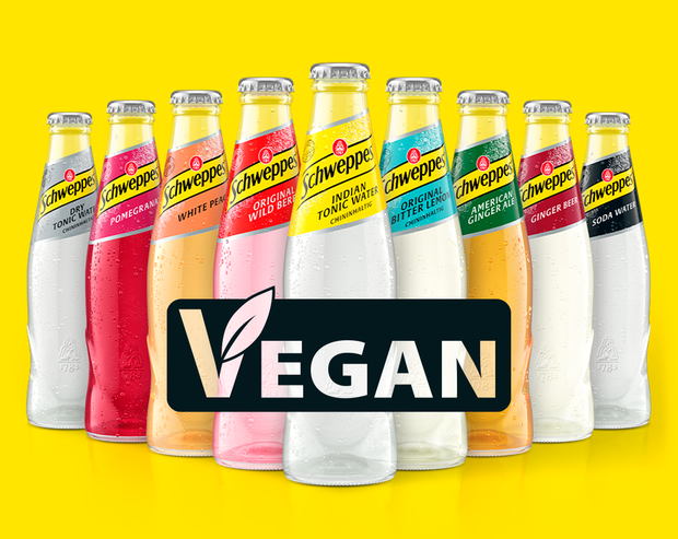 Auswahl an Produkten von Schweppes mit Vegan-Lable.