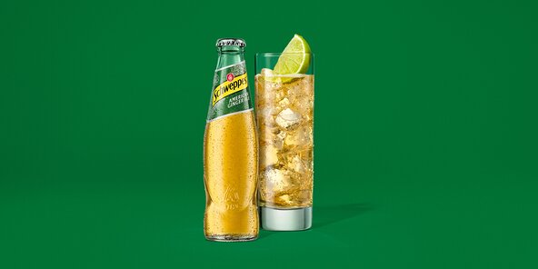 Hero-Motiv: Schweppes American Ginger Ale – einzelne Glasflasche mittig vor grünem Hintergrund.