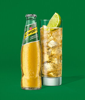 Schweppes American Ginger Ale – Glasflasche neben 1,25-l Flasche, beide mit Kondensperlen auf grünem Hintergrund.