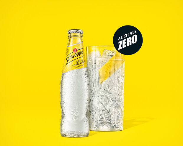 Schweppes Indian Tonic Water – 0,2-l Glasflasche mit Hinweis ‚Auch als Zero erhältlich‘.