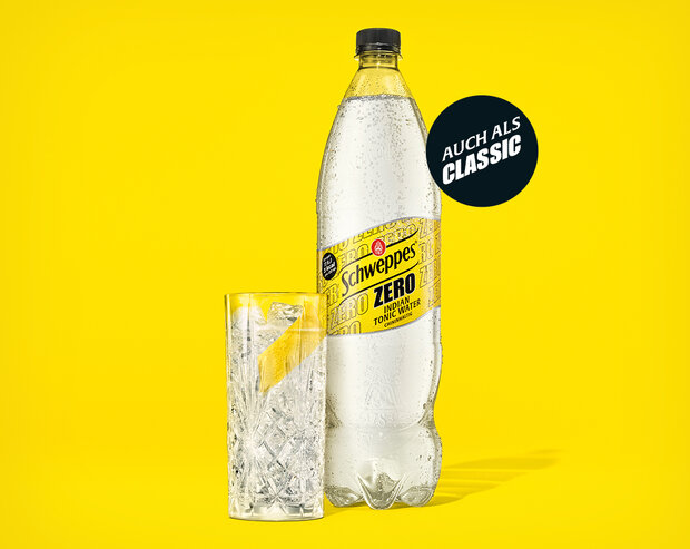 Schweppes Indian Tonic Water Zero – große PET-Flasche mit Hinweis ‚Auch als Classic erhältlich‘.