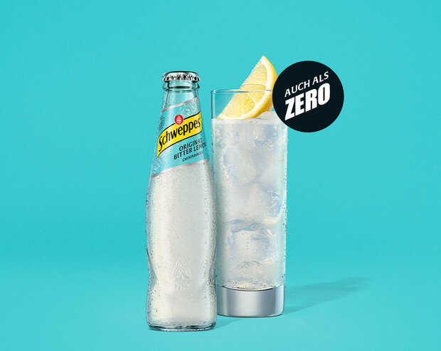 Schweppes Original Bitter Lemon – 0,2-l Glasflasche mit Hinweis ‚Auch als Zero erhältlich‘.