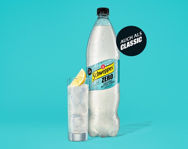 Schweppes Original Bitter Lemon Zero – große PET-Flasche mit Hinweis ‚Auch als Classic erhältlich‘.