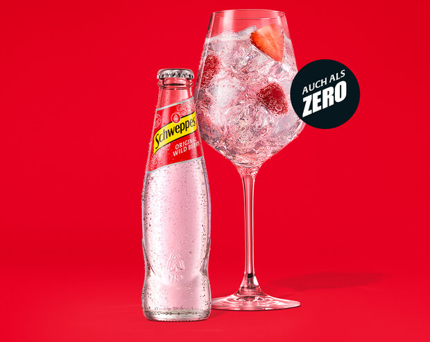 Schweppes Original Wild Berry – 0,2-l Glasflasche mit Hinweis ‚Auch als Zero erhältlich‘.