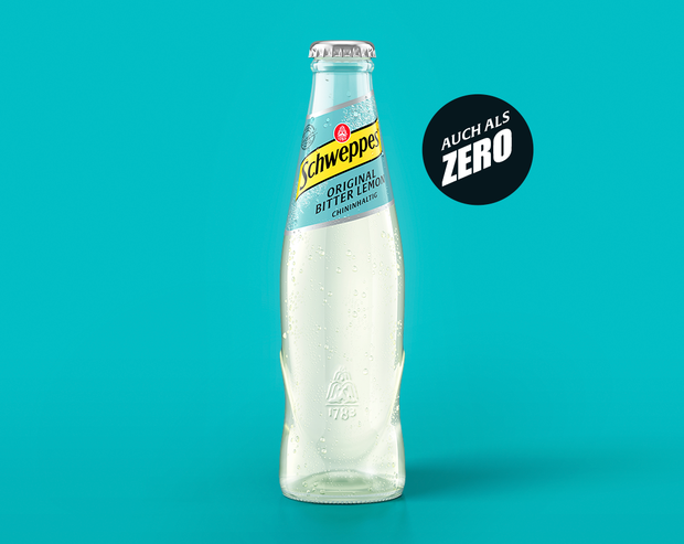 Schweppes Original Bitter Lemon – 0,2-l Glasflasche mit Hinweis ‚Auch als Zero erhältlich‘.