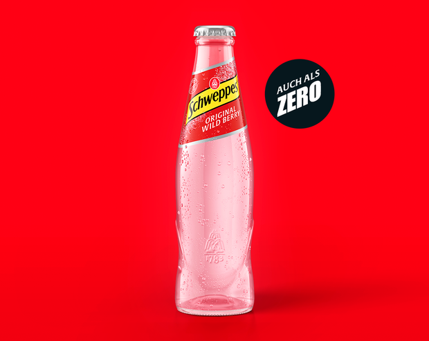 Schweppes Original Wild Berry – 0,2-l Glasflasche mit Hinweis ‚Auch als Zero erhältlich‘.
