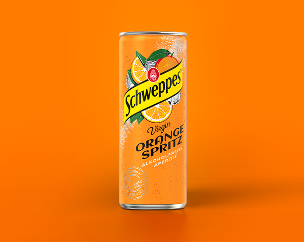 Dose von Schweppes Virgin Orange Spritz, alkoholfreier Aperitif.