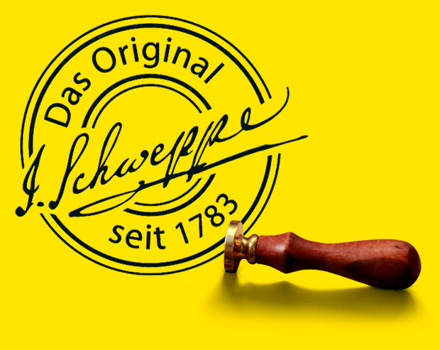 Qualitätsstempel mit Signet von J. Schweppe seit 1783.