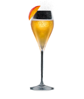 White Peach Spritz in der Sektflöte mit Pfirsichspalte, aufgegossen mit Schweppes White Peach.