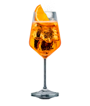Orange Spritz im Weinglas mit Orangenscheibe, gemixt mit Schweppes Virgin Orange Spritz.