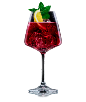 Martini Pomegranate im Weinglas mit Zitronenspalte und Minze, verfeinert mit Schweppes Pomegranate.