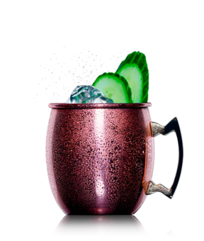 Wodka Mule im Kupferbecher mit Eis und Gurkenscheiben, gemixt mit Schweppes Ginger Beer.