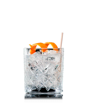 Gin Dry Tonic im Tumbler mit großen Eiswürfeln und Orangenzeste, mit Schweppes Dry Tonic Water.